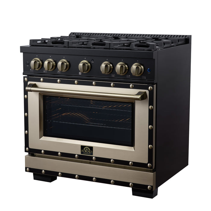 Forno Ambassador Valente 36" 5.2 cu. ft. Dual Fuel Range, 6 Sealed Burners, Convection Oven in Black or White with Antique Brass Accents and Copper Rivet Trim, (FFSGS6199-36CPBLK)