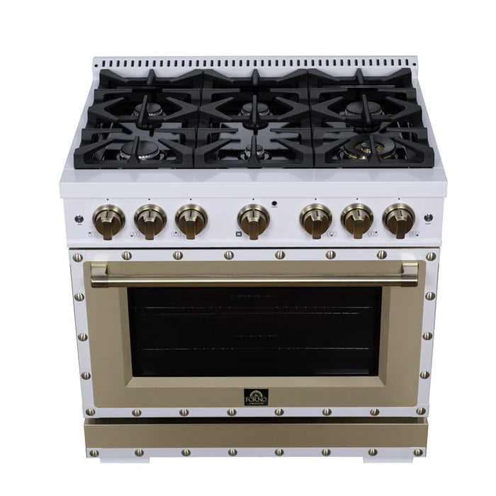 Forno Ambassador Valente 36" 5.2 cu. ft. Dual Fuel Range, 6 Sealed Burners, Convection Oven in Black or White with Antique Brass Accents and Copper Rivet Trim, (FFSGS6199-36CPBLK)