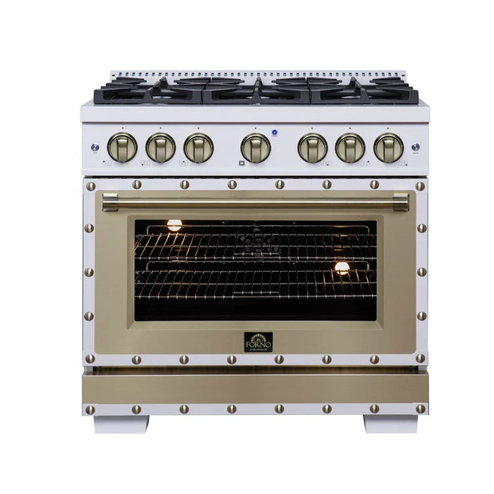 Forno Ambassador Valente 36" 5.2 cu. ft. Dual Fuel Range, 6 Sealed Burners, Convection Oven in Black or White with Antique Brass Accents and Copper Rivet Trim, (FFSGS6199-36CPBLK)