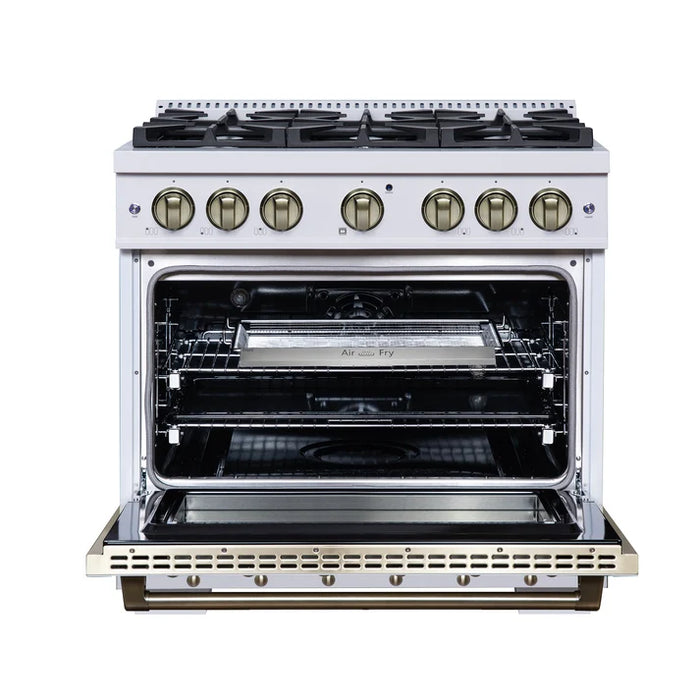 Forno Ambassador Valente 36" 5.2 cu. ft. Dual Fuel Range, 6 Sealed Burners, Convection Oven in Black or White with Antique Brass Accents and Copper Rivet Trim, (FFSGS6199-36CPBLK)
