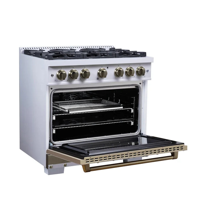 Forno Ambassador Valente 36" 5.2 cu. ft. Dual Fuel Range, 6 Sealed Burners, Convection Oven in Black or White with Antique Brass Accents and Copper Rivet Trim, (FFSGS6199-36CPBLK)