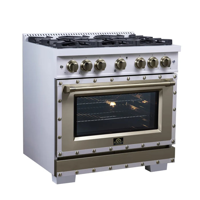 Forno Ambassador Valente 36" 5.2 cu. ft. Dual Fuel Range, 6 Sealed Burners, Convection Oven in Black or White with Antique Brass Accents and Copper Rivet Trim, (FFSGS6199-36CPBLK)