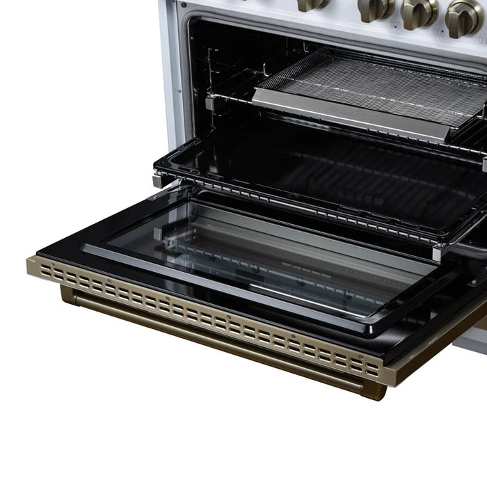 Forno Ambassador Valente 36" 5.2 cu. ft. Dual Fuel Range, 6 Sealed Burners, Convection Oven in Black or White with Antique Brass Accents and Copper Rivet Trim, (FFSGS6199-36CPBLK)