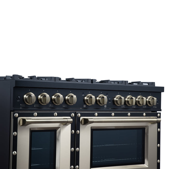 Forno Ambassador Valente 48" 6.7 cu. ft. Dual Fuel Range, 8 Sealed Burners, Convection Oven in Black or White with Antique Brass Accents and Copper Rivet Trim (FFSGS6199-48CPBLK)