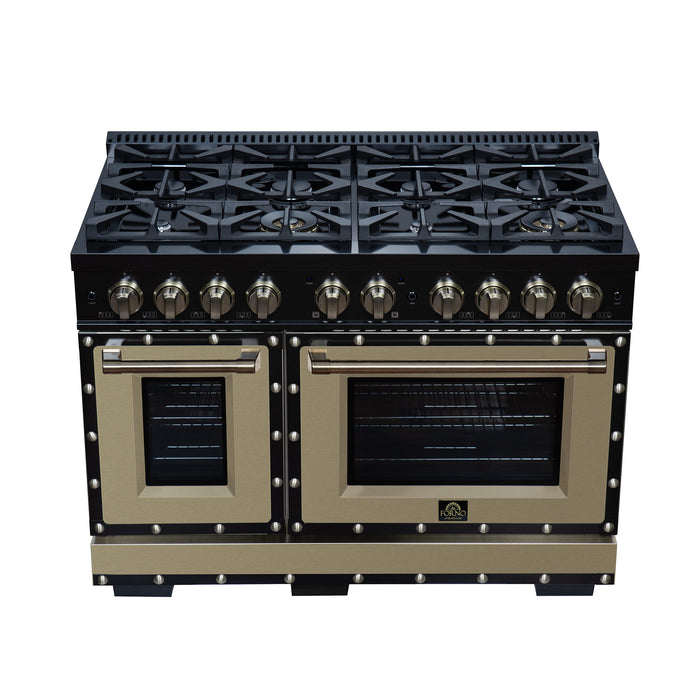 Forno Ambassador Valente 48" 6.7 cu. ft. Dual Fuel Range, 8 Sealed Burners, Convection Oven in Black or White with Antique Brass Accents and Copper Rivet Trim (FFSGS6199-48CPBLK)