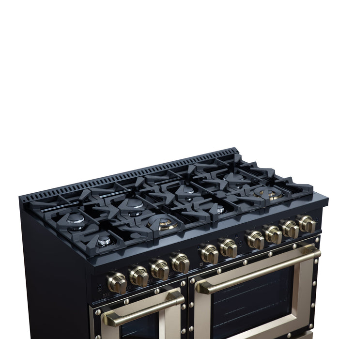 Forno Ambassador Valente 48" 6.7 cu. ft. Dual Fuel Range, 8 Sealed Burners, Convection Oven in Black or White with Antique Brass Accents and Copper Rivet Trim (FFSGS6199-48CPBLK)