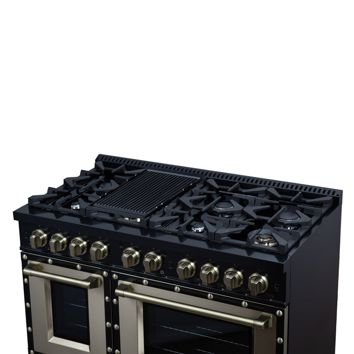 Forno Ambassador Valente 48" 6.7 cu. ft. Dual Fuel Range, 8 Sealed Burners, Convection Oven in Black or White with Antique Brass Accents and Copper Rivet Trim (FFSGS6199-48CPBLK)