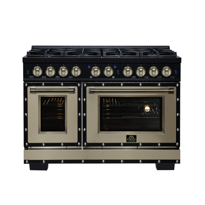 Forno Ambassador Valente 48" 6.7 cu. ft. Dual Fuel Range, 8 Sealed Burners, Convection Oven in Black or White with Antique Brass Accents and Copper Rivet Trim (FFSGS6199-48CPBLK)