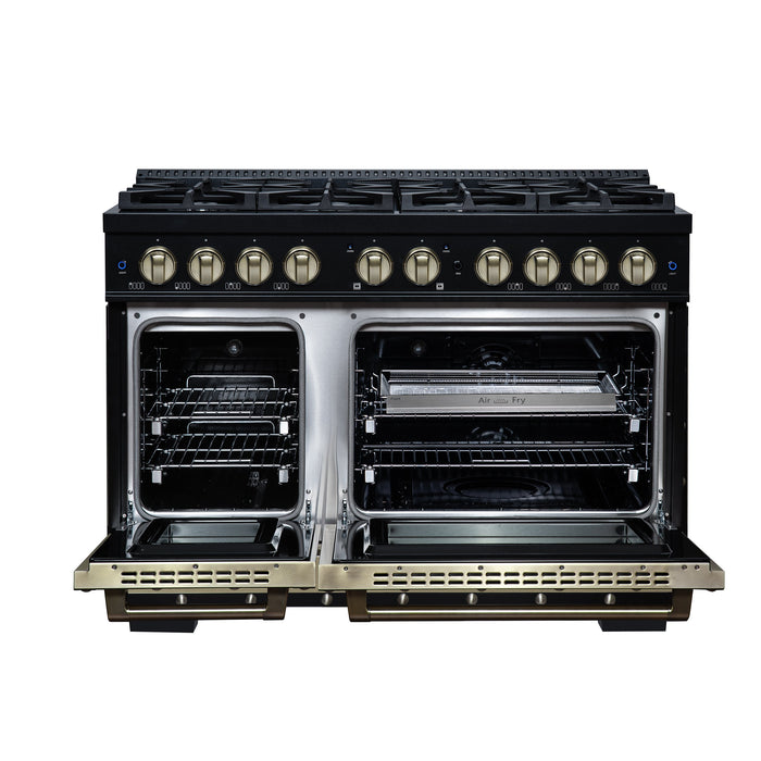 Forno Ambassador Valente 48" 6.7 cu. ft. Dual Fuel Range, 8 Sealed Burners, Convection Oven in Black or White with Antique Brass Accents and Copper Rivet Trim (FFSGS6199-48CPBLK)