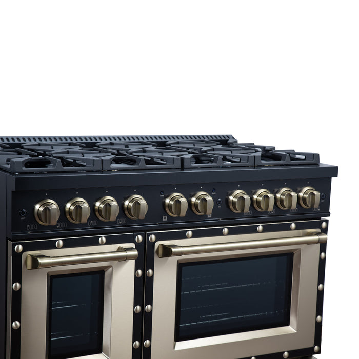 Forno Ambassador Valente 48" 6.7 cu. ft. Dual Fuel Range, 8 Sealed Burners, Convection Oven in Black or White with Antique Brass Accents and Copper Rivet Trim (FFSGS6199-48CPBLK)