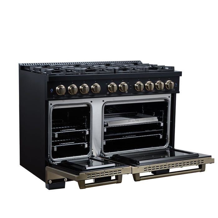 Forno Ambassador Valente 48" 6.7 cu. ft. Dual Fuel Range, 8 Sealed Burners, Convection Oven in Black or White with Antique Brass Accents and Copper Rivet Trim (FFSGS6199-48CPBLK)