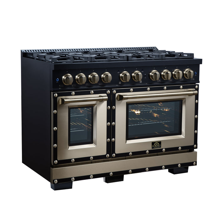 Forno Ambassador Valente 48" 6.7 cu. ft. Dual Fuel Range, 8 Sealed Burners, Convection Oven in Black or White with Antique Brass Accents and Copper Rivet Trim (FFSGS6199-48CPBLK)