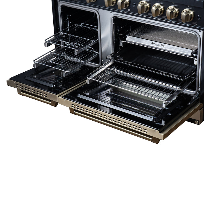 Forno Ambassador Valente 48" 6.7 cu. ft. Dual Fuel Range, 8 Sealed Burners, Convection Oven in Black or White with Antique Brass Accents and Copper Rivet Trim (FFSGS6199-48CPBLK)