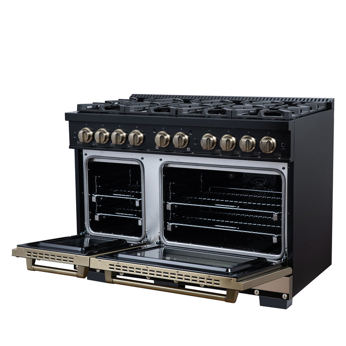 Forno Ambassador Valente 48" 6.7 cu. ft. Dual Fuel Range, 8 Sealed Burners, Convection Oven in Black or White with Antique Brass Accents and Copper Rivet Trim (FFSGS6199-48CPBLK)