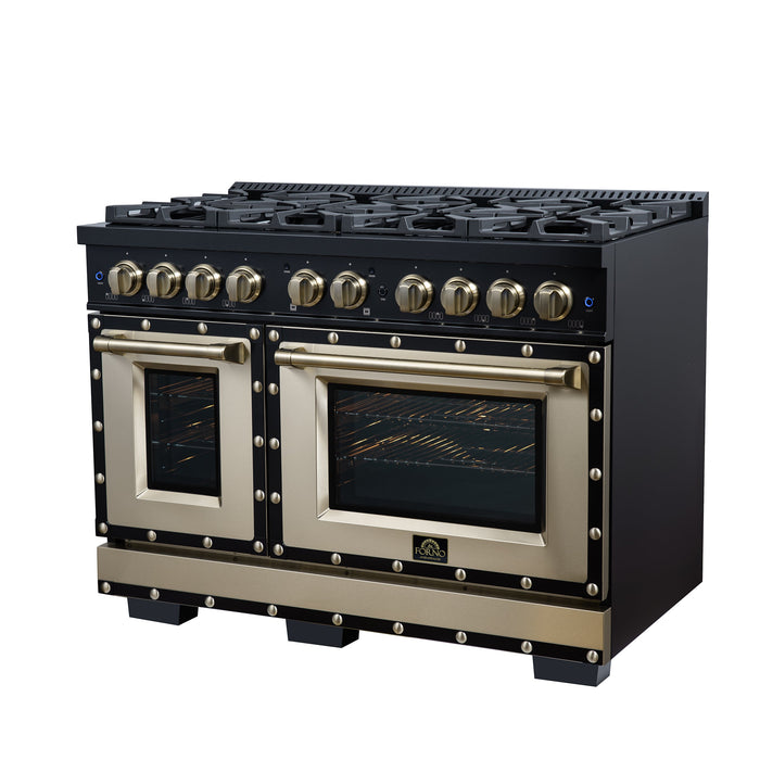 Forno Ambassador Valente 48" 6.7 cu. ft. Dual Fuel Range, 8 Sealed Burners, Convection Oven in Black or White with Antique Brass Accents and Copper Rivet Trim (FFSGS6199-48CPBLK)