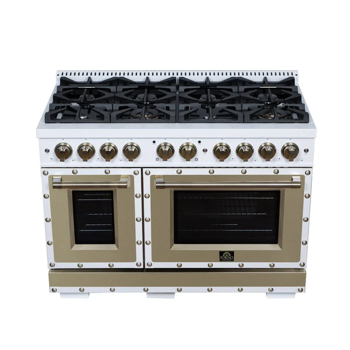 Forno Ambassador Valente 48" 6.7 cu. ft. Dual Fuel Range, 8 Sealed Burners, Convection Oven in Black or White with Antique Brass Accents and Copper Rivet Trim (FFSGS6199-48CPBLK)