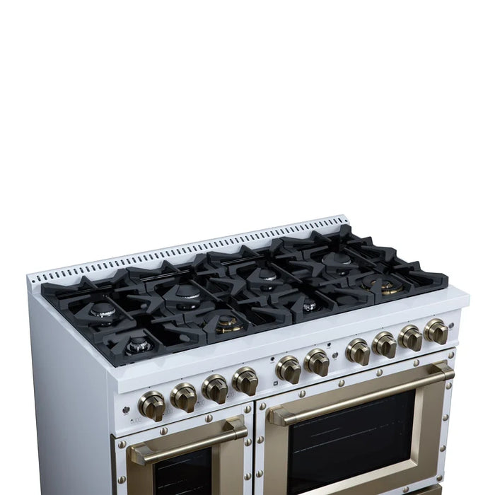Forno Ambassador Valente 48" 6.7 cu. ft. Dual Fuel Range, 8 Sealed Burners, Convection Oven in Black or White with Antique Brass Accents and Copper Rivet Trim (FFSGS6199-48CPBLK)