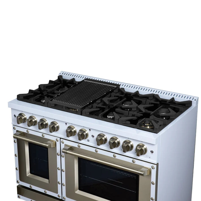 Forno Ambassador Valente 48" 6.7 cu. ft. Dual Fuel Range, 8 Sealed Burners, Convection Oven in Black or White with Antique Brass Accents and Copper Rivet Trim (FFSGS6199-48CPBLK)