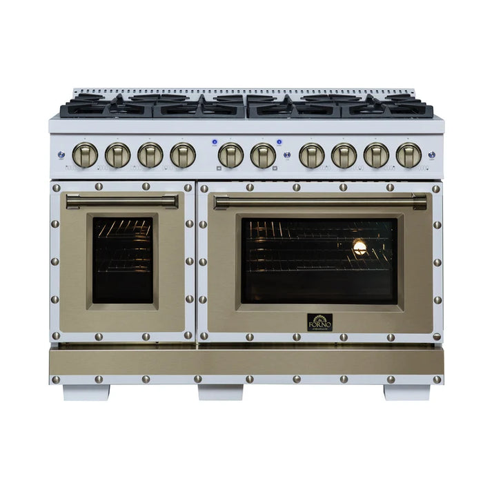 Forno Ambassador Valente 48" 6.7 cu. ft. Dual Fuel Range, 8 Sealed Burners, Convection Oven in Black or White with Antique Brass Accents and Copper Rivet Trim (FFSGS6199-48CPBLK)