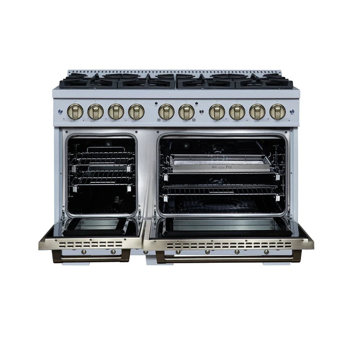 Forno Ambassador Valente 48" 6.7 cu. ft. Dual Fuel Range, 8 Sealed Burners, Convection Oven in Black or White with Antique Brass Accents and Copper Rivet Trim (FFSGS6199-48CPBLK)