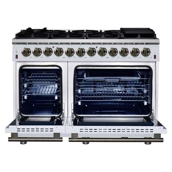 Forno Massimo 48″ 6.58 cu. ft. Freestanding Dual Fuel Range with 8 Sealed Burners, Air Fryer Kit, Wok Support & Griddle - Stainless Steel, Black or White (FFSGS6125-48)