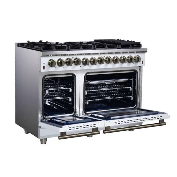 Forno Massimo 48″ 6.58 cu. ft. Freestanding Dual Fuel Range with 8 Sealed Burners, Air Fryer Kit, Wok Support & Griddle - Stainless Steel, Black or White (FFSGS6125-48)