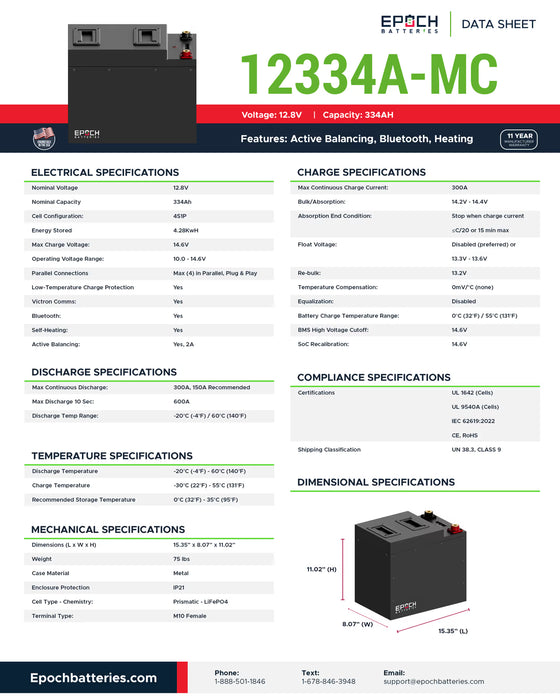 Epoch Batteries 12V 334Ah (4.28kWh) Essential Series - Bluetooth & Heated LiFePO4 Battery