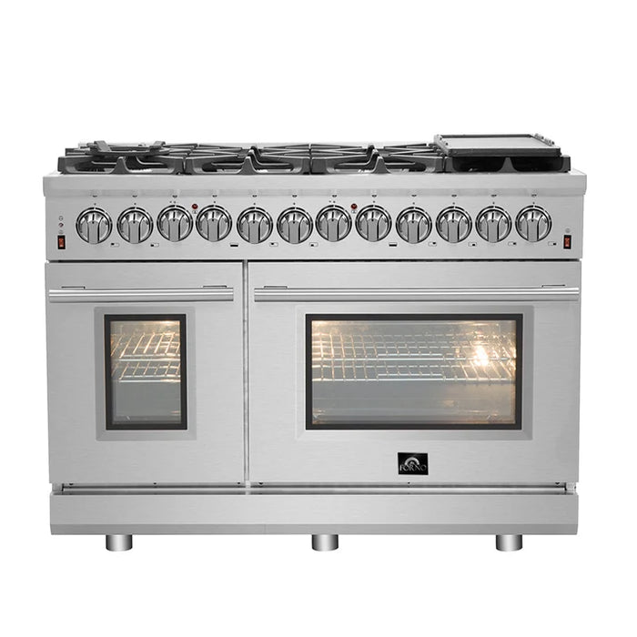 Forno Massimo 48″ 6.58 cu. ft. Freestanding Dual Fuel Range with 8 Sealed Burners, Air Fryer Kit, Wok Support & Griddle - Stainless Steel, Black or White (FFSGS6125-48)