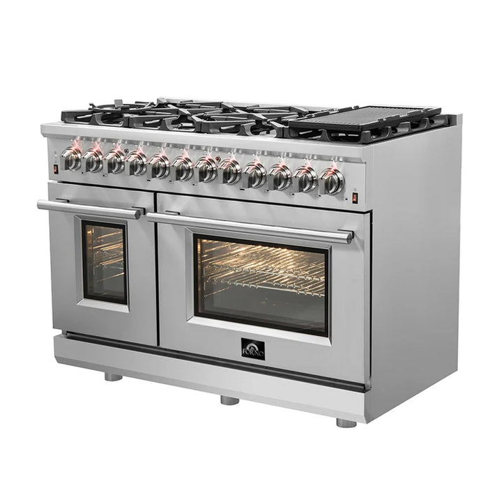 Forno Massimo 48″ 6.58 cu. ft. Freestanding Dual Fuel Range with 8 Sealed Burners, Air Fryer Kit, Wok Support & Griddle - Stainless Steel, Black or White (FFSGS6125-48)