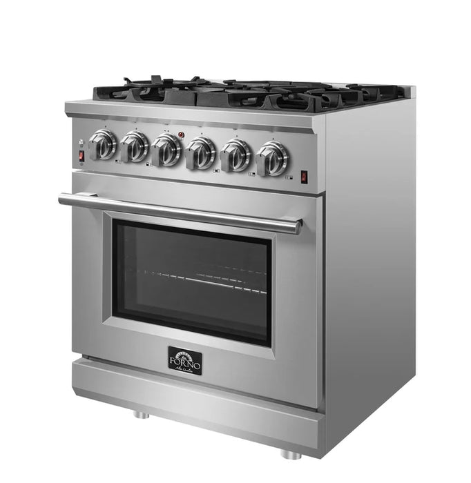 Forno Massimo 30″ 4.32 cu. ft. Freestanding Gas Range with 5 Sealed Burners, Air Fryer Kit, Wok Support & Griddle in Stainless Steel Black, White (FFSGS6239-30)