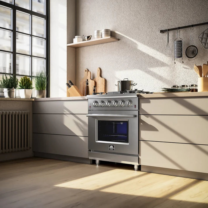 Forno Massimo 30″ 4.32 cu. ft. Freestanding Gas Range with 5 Sealed Burners, Air Fryer Kit, Wok Support & Griddle in Stainless Steel Black, White (FFSGS6239-30)