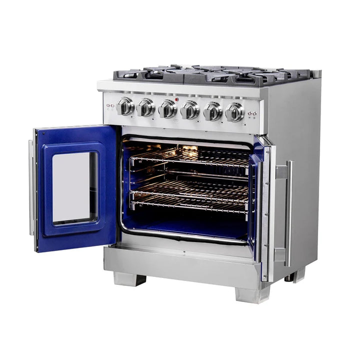 Forno Capriasca 30" 4.32 cu. ft. French Door Gas Range with 5 Brass Burners, Air Fryer Kit, Rotisserie Kit, Wok Support & Griddle in Stainless Steel, White or Black (FFSGS6460-30)