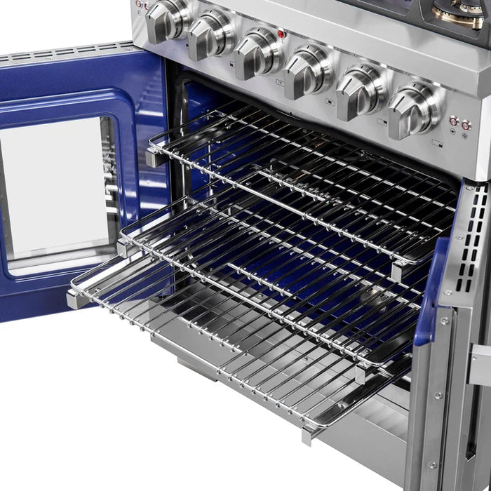 Forno Capriasca 30" 4.32 cu. ft. French Door Gas Range with 5 Brass Burners, Air Fryer Kit, Rotisserie Kit, Wok Support & Griddle in Stainless Steel, White or Black (FFSGS6460-30)