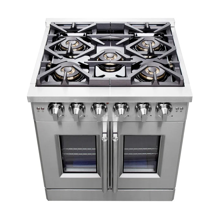 Forno Capriasca 30" 4.32 cu. ft. French Door Gas Range with 5 Brass Burners, Air Fryer Kit, Rotisserie Kit, Wok Support & Griddle in Stainless Steel, White or Black (FFSGS6460-30)