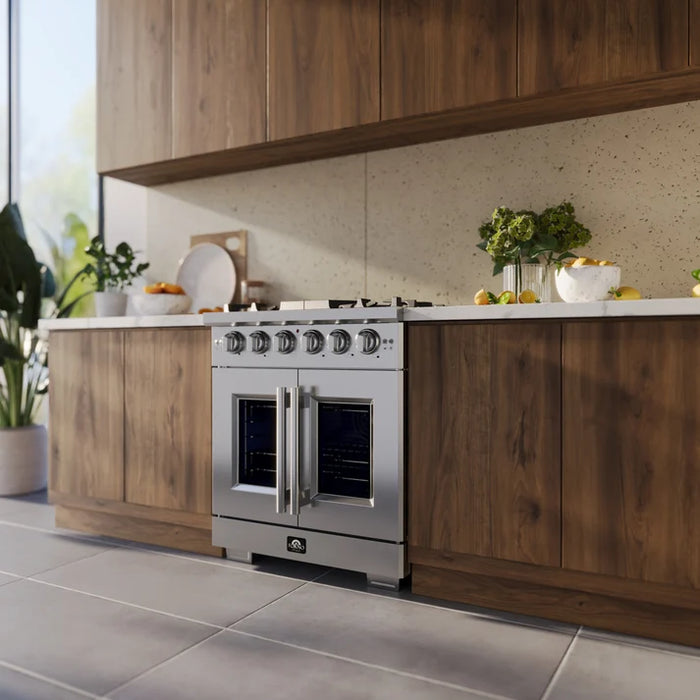 Forno Capriasca 30" 4.32 cu. ft. French Door Gas Range with 5 Brass Burners, Air Fryer Kit, Rotisserie Kit, Wok Support & Griddle in Stainless Steel, White or Black (FFSGS6460-30)