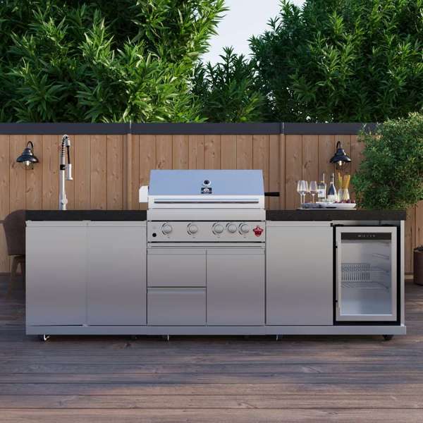 Forno Bulnes Outdoor Kitchen - 30" BBQ 60,000 BTU, 3 Burners with Sear & Rotisserie Infrared Burners, Stainless Steel Outdoor Kitchen with 1.8 cu.ft. Beverage Center - Black Granite or White Sintered Stone Countertops (FODKT2506BLK)