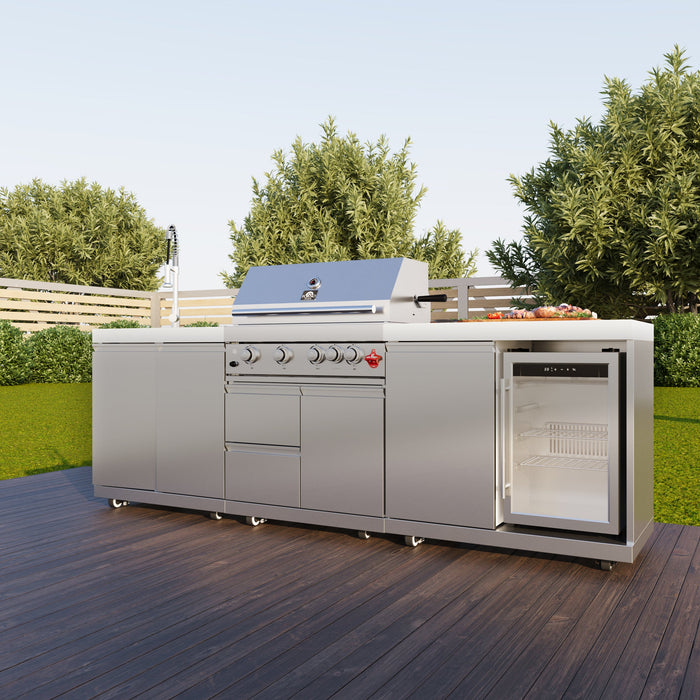 Forno Bulnes Outdoor Kitchen - 30" BBQ 60,000 BTU, 3 Burners with Sear & Rotisserie Infrared Burners, Stainless Steel Outdoor Kitchen with 1.8 cu.ft. Beverage Center - Black Granite or White Sintered Stone Countertops (FODKT2506BLK)