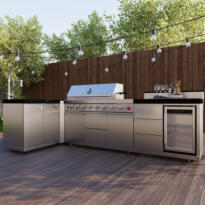 Forno Bulnes Outdoor Kitchen - 40" BBQ 95,000 BTU, 5 Burners, Sear & Rotisserie Infrared with Side Burner, Stainless Steel Outdoor Kitchen with 1.8 cu.ft. Beverage Center - Black Granite or White Sintered Stone Countertops (FODKT2520BLK)
