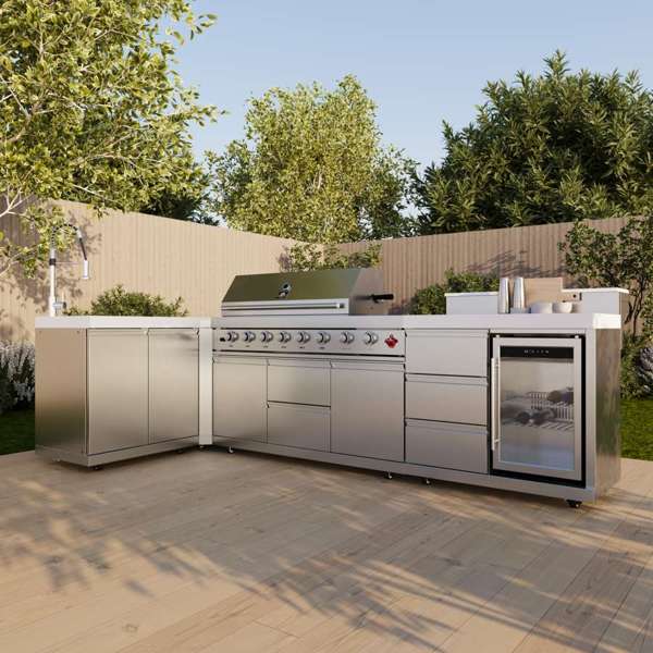 Forno Bulnes Outdoor Kitchen - 40" BBQ 95,000 BTU, 5 Burners, Sear & Rotisserie Infrared with Side Burner, Stainless Steel Outdoor Kitchen with 1.8 cu.ft. Beverage Center - Black Granite or White Sintered Stone Countertops (FODKT2520BLK)