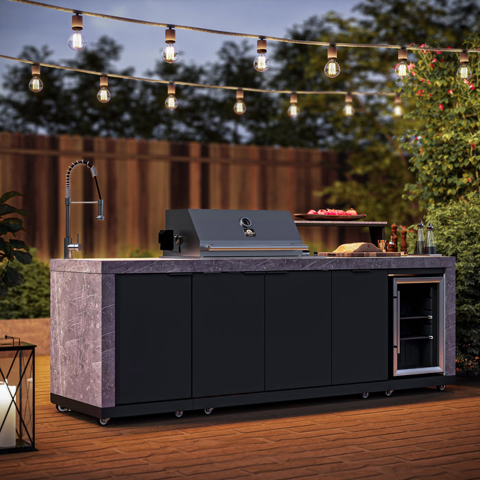 Forno Rimini Outdoor Kitchen - 30" BBQ 62,600 BTU, 3 Burners with Sear & Rotisserie, 2.4 cu.ft. Beverage Center, Stainless Steel Sink, Black Cabinets & Gray Sintered Stone Countertops (FODKT2544BLK)