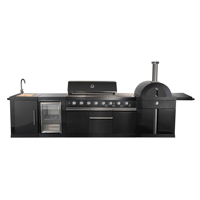 Forno All’Aperto Outdoor Kitchen - 87,600 BTU BBQ with 4 Stainless-Steel Burners with Infrared Burners &amp; Side Burner, Sink Module with Black Sintered Stone Countertops, Gaz Pizza Oven, Bar & Beverage Center (FODKT2551BLK)