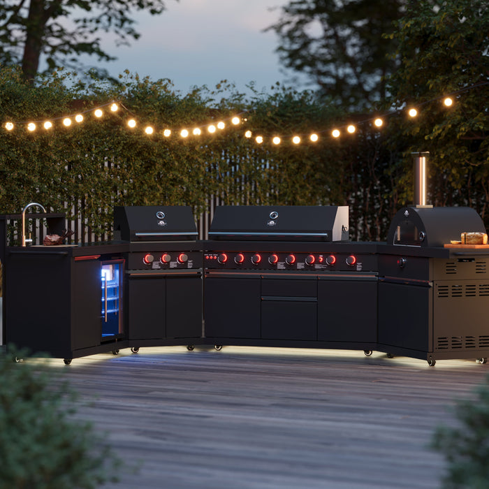Forno All’Aperto Outdoor Kitchen - 99,600 BTU BBQ with 5 Stainless-Steel Burners, Infrared Burners & Side Burner, 36,000 BTU Plancha, 19,000 BTU Gas Pizza Oven, Sink & Bar Module with Black Sintered Stone Countertops (FODKT2568BLK)