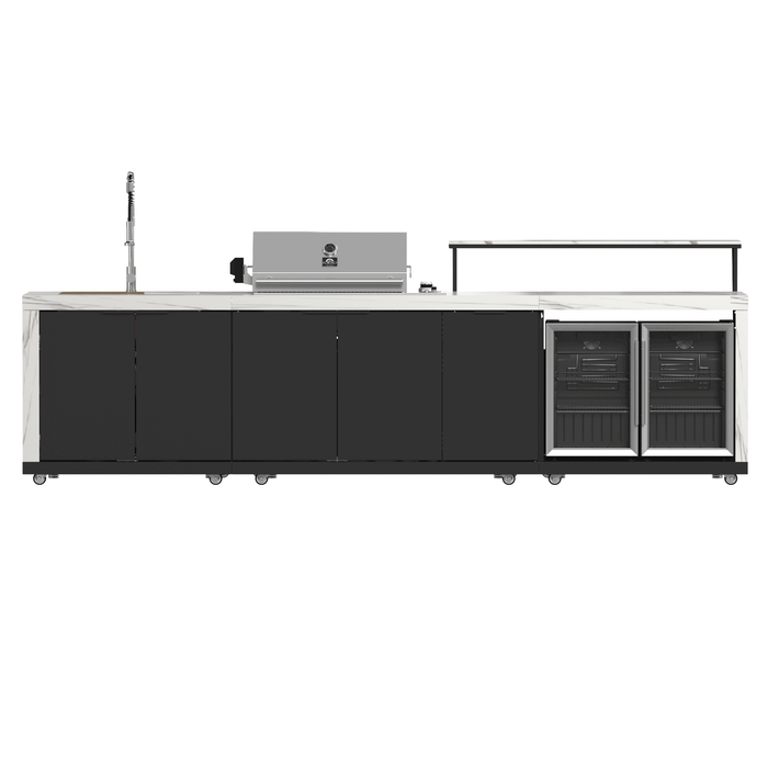 Forno Rimini Outdoor Kitchen - 30" BBQ 62,600 BTU, 3 Burners with Sear & Rotisserie, 4.8 cu.ft. Beverage Center, Stainless Steel Double Sink, Black Cabinets & White Sintered Stone Countertops (FODKT2575WHT)