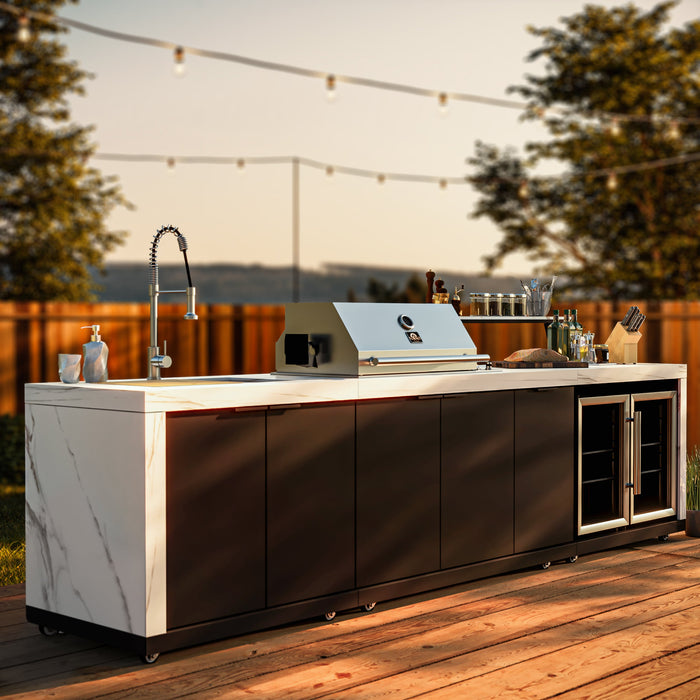 Forno Rimini Outdoor Kitchen - 30" BBQ 62,600 BTU, 3 Burners with Sear & Rotisserie, 4.8 cu.ft. Beverage Center, Stainless Steel Double Sink, Black Cabinets & White Sintered Stone Countertops (FODKT2575WHT)