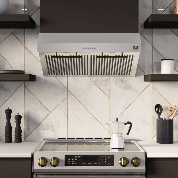 Forno Espresso Bari 30" 600 CFM Under Cabinet Range Hood with LED Lighting, Dishwasher-Safe Baffle Filters, 3-Speed Fan Control - Stainless Steel, Black, or White (FRHUC5255-30)