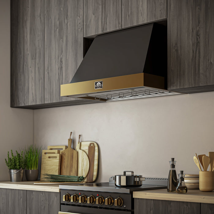 Forno Vittorio 36" 600 CFM Wall Mount Range Hood with Remote Control and Antique Brass Trim - Black or White (FRHWM5078-36BLK)