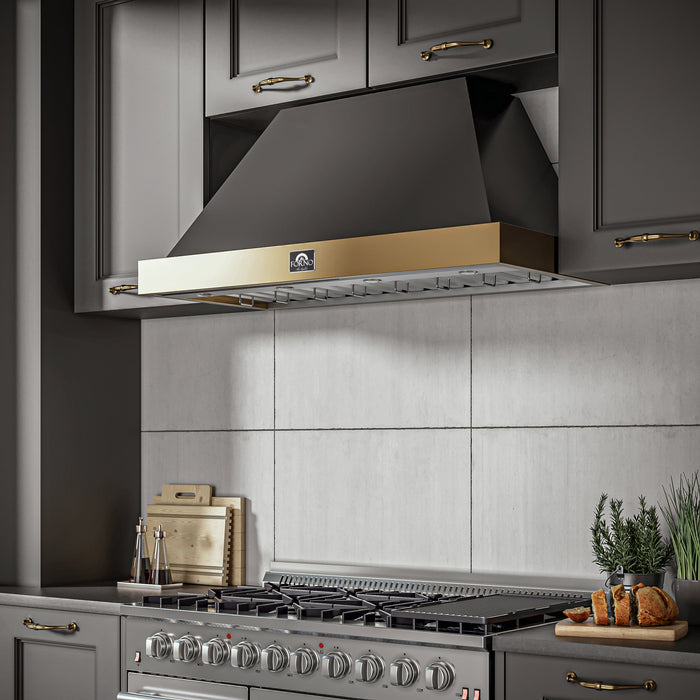 Forno Vittorio 48" 600 CFM Wall Mount Range Hood with Remote Control and Antique Brass Trim - Black or White (FRHWM5078-48BLK)