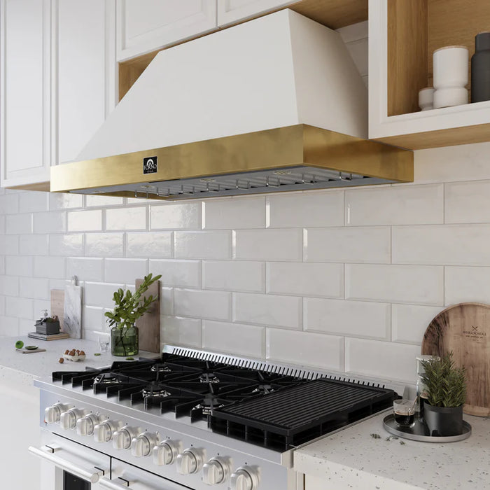 Forno Vittorio 48" 600 CFM Wall Mount Range Hood with Remote Control and Antique Brass Trim - Black or White (FRHWM5078-48BLK)