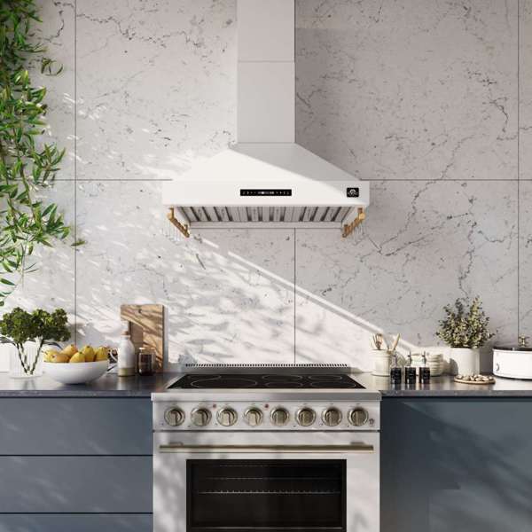 Forno Venezia 36" 370 CFM Wall-Mounted Ducted Range Hood with Adjustable Height, Baffle Filters, Touch Controls and LED Lights - Stainless Steel, Black, or White (FRHWM5503-36)