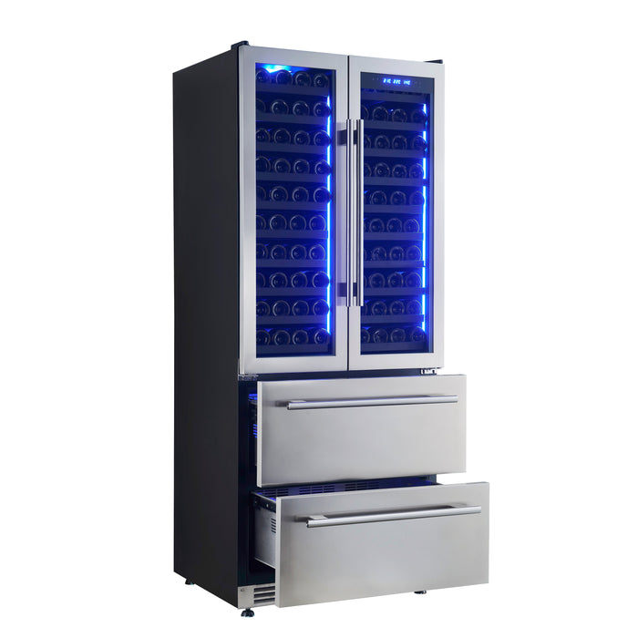 Forno Campania 32" 120 Bottle Triple Zone French Door Wine Cooler with 2 Beverage Drawers (FWCDR6635-32S)